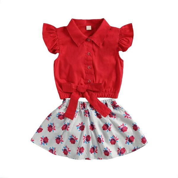 

0-24 months baby girl short sleeve red shirt + skirt pants, bow decoration flower print elastic waist summer 2 pcs outfits suit clothing set, White