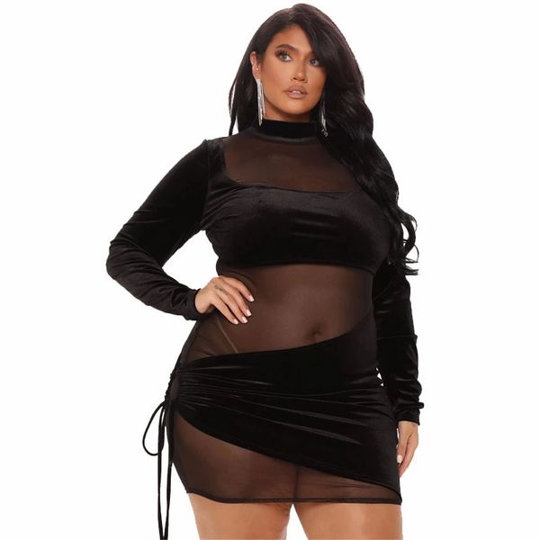 

women mesh dress long sleeve velvet bodycon skinny ruched night club party elegant dresses plus size 4xl 5xl fall winter, Black