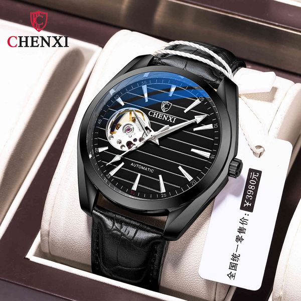 

wrist watch chenxi leather hollow out automatic mechanical men's luminous waterproof high grade, Slivery;brown
