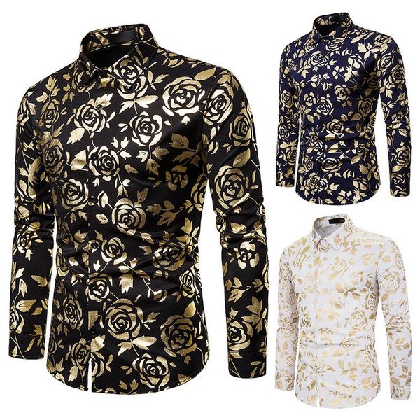 

men's casual shirts nightclub lapel long sleeve shirt. rose gilt print slim shirt a68, White;black