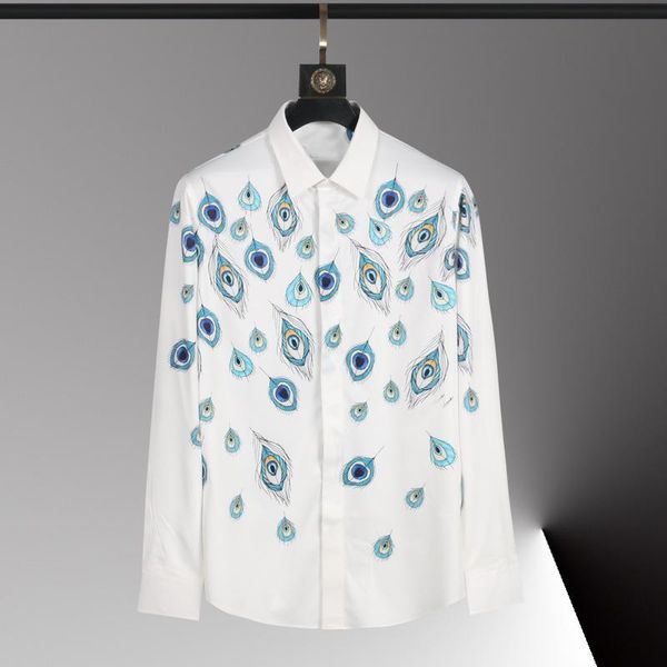 

men's casual shirts peacock feathers printed male luxury long sleeve mens dress fashion slim fit party man 3xl, White;black