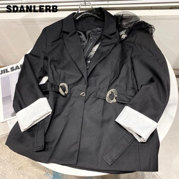 

women's suits & blazers long sleeve black patchwork suit coat fall 2021 mesh flower double pocket decoration blazer for women, White;black