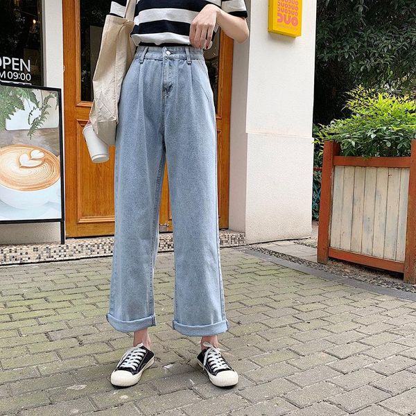 

hzirip harajuku wind fresh summer 2021 straight female loose high waist women jeans all match denim ankle length trousers women's, Blue