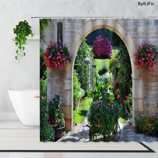 

shower curtains pastoral flower retro stone wall door landscape farm garden potted plant natural scenery print bathroom curtain