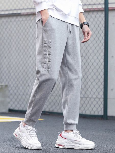 

men letter print drawstring sweatpants i70v#, Black
