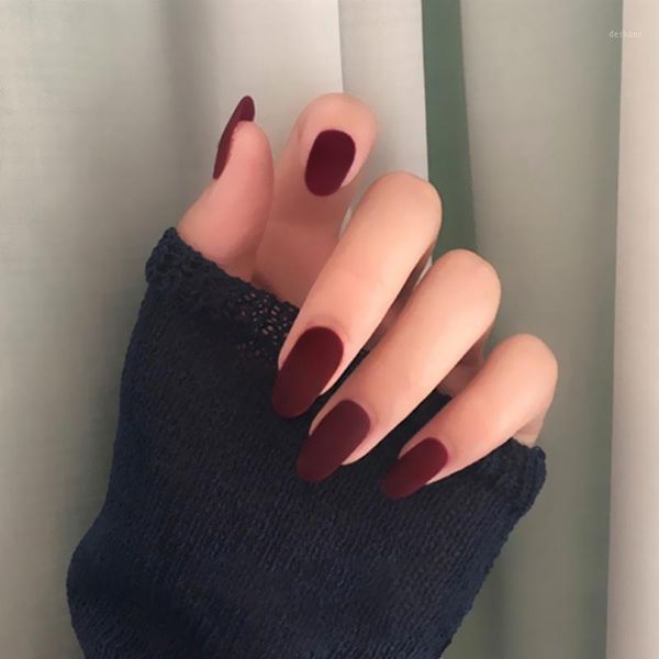 

matte wine red solid color fake nails long round ultra thin detachable frosting false with adhesive tape glue sticker1, Red;gold