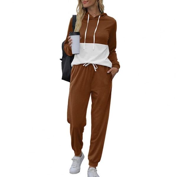 

women's two piece pants 1 set 2 blocking colors sporty outfit long sleeve patchwork polyester casual sweatsuit hoodie for daily wear, White