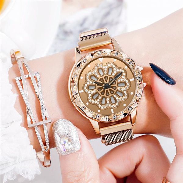 

wristwatches women elegant 360 degree rotating watch fashion diamond dial ladies quartz simple mesh magnetic belt wristwatch 2021, Slivery;brown