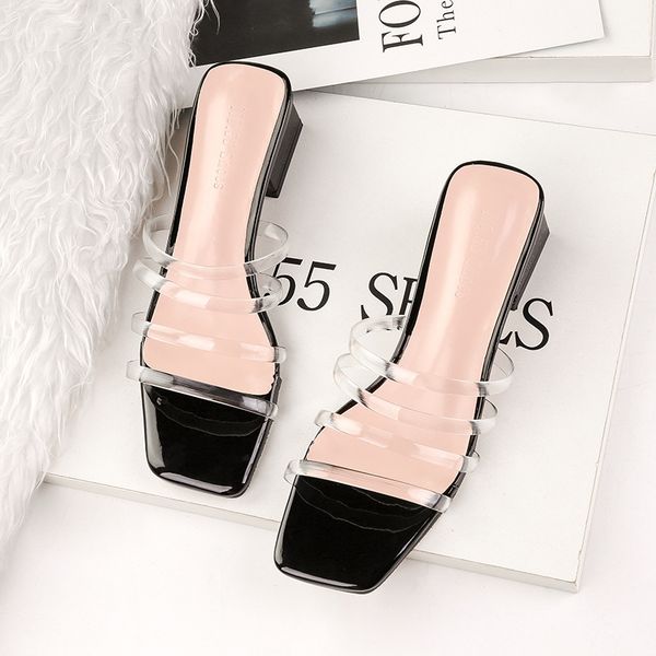 

Brand Woman Transparent Narrow band Design Slippers Outdoor Square heeled Casual Slides Fashion Summer Ladies Sandals shoes, White