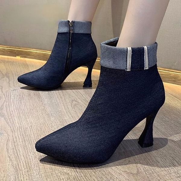 

boots 2021 ankle women pointed toe zipper shoes square high heels comfortable cowboy fashion black navy blue