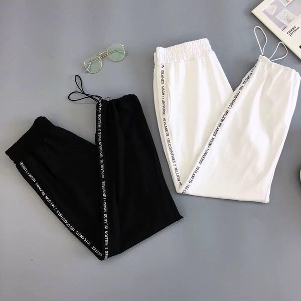 Pantaloni Donna Streetwear Nero Bianco Elastico in vita Pantaloni stile harem Donna Baggy Pantaloni tattici Pantaloni Hip Hop coreani Ropa Mujer 210319