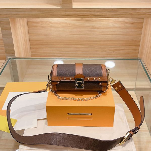 

brown barrel -shaped crossbody bag round tube bags classic old flower handbag gold chain wallet wide shoulder straps