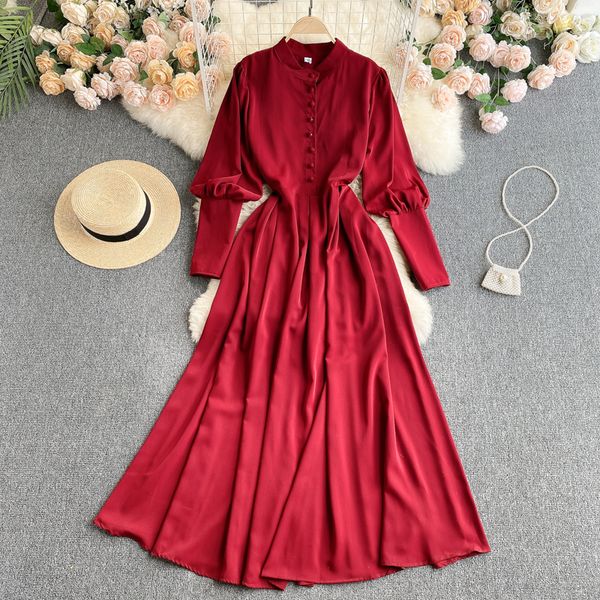 

vintage single breasted long dress women purple/pink/red a-line lantern long sleeve high waist casual female slim robe 2021 new, Black;gray