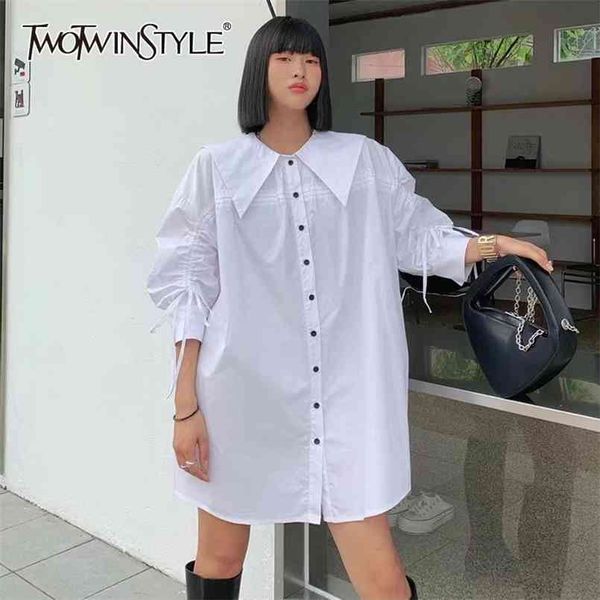 

white drawstring shirt for women lapel patchwork button loose blouse female fashion clothing spring 210524