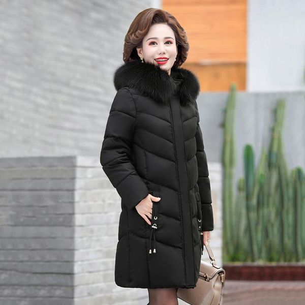 

women's trench coats long winter down jacket women 2021 hooded solid casual coat with fur collar mother's thick overcoat female, Tan;black