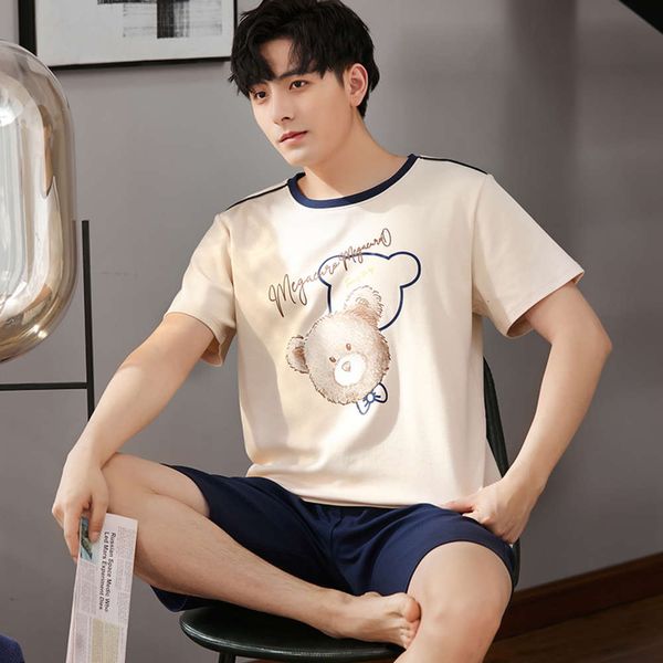 

t-shirts with short white mouwen pajamas set for men casual o-neck cato cartoon handsome homewear big size dunne nightwear pack, Black;brown