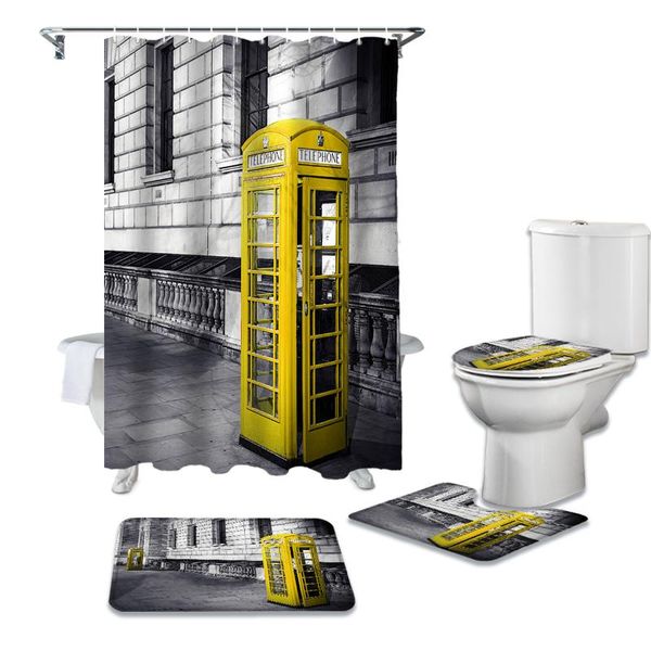 

yellow telephone box london street bathroom set durable waterproof shower curtain rug carpet toilet lid cover bath mat curtains