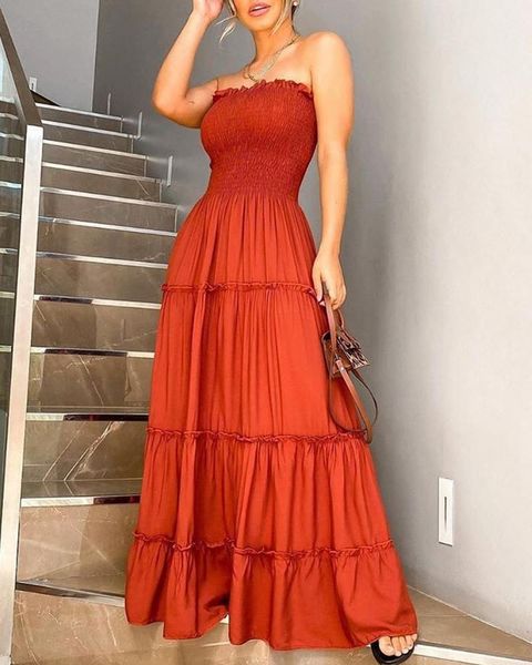 

fashion elegant off shoulder party club long dress evening gown bandeau shirring design layered ruffles maxi casual dresses, Black;gray
