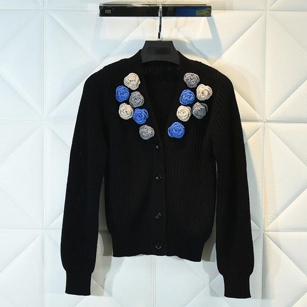 

women's sweaters winter small fragrant coat v-neck net red stereo flower cardigan black short knit shirt female, White;black