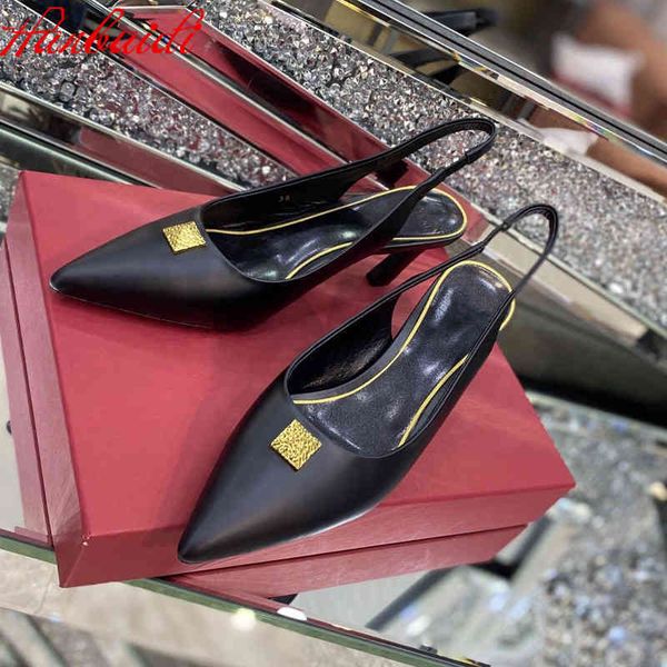 

70% off wholesale flip-flops genuine leather women pumps pointed rivet decor ankle starp high heels shoes runway party dress sandals, Black