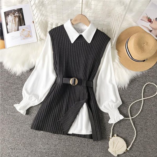 

women's tracksuits 2021 spring autumn lantern sleeve shirt knitted vest two piece sets of college style waistband uk900, Gray