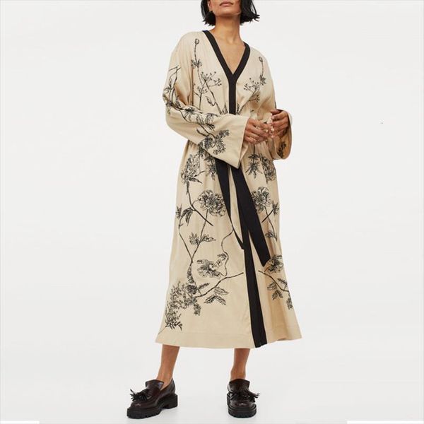 

khaki floral print robe womens dress autumn flare long sleeve dresss casual elastic waist vintage side split boho loose, Black;gray