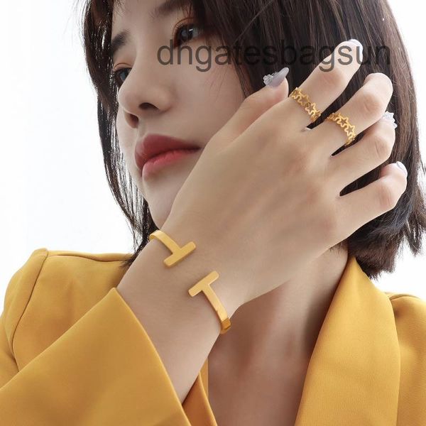 

s-style personality racelet geometric t-shaped open bracelet titanium steel 18k gold light luxury niche design, Black