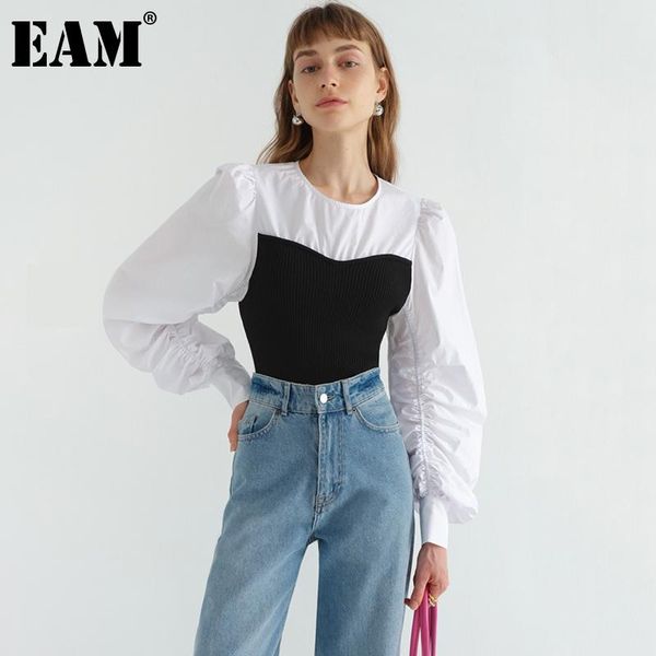 

women's blouses & shirts [eam] women white knitting contrast color blouse round neck long sleeve loose fit shirt fashion spring autumn