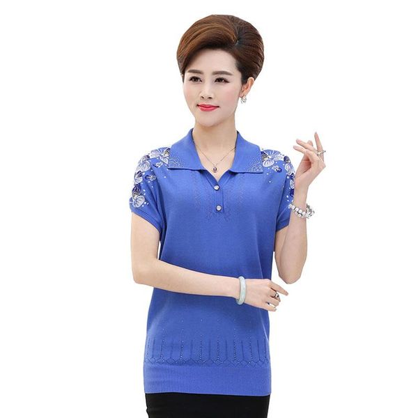 

t-shirt women's 2021 summer middle-aged elderly ice silk knitwear short-sleeved lapel pullover plus size tshirt female, White