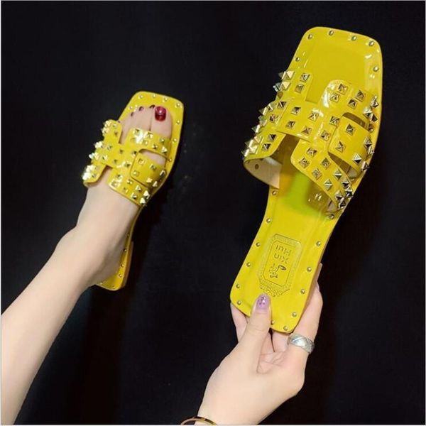 

summer rivet slippers 2021 women flat female outdoor vacations beach shoes non-slip flip-flops letters, Black
