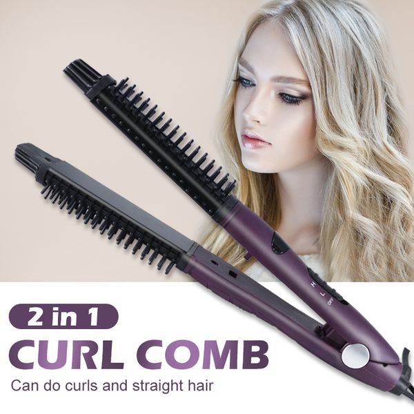 

electric hair curler ceramic styler hair curler brush straight and curl curling iron perm hair comb bangs curling stick 2in1, Silver