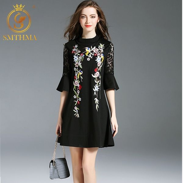 

women vintage floral embroidery dress flare fleeve faldas festa casual elegant dresses vestidos 210520, Black;gray