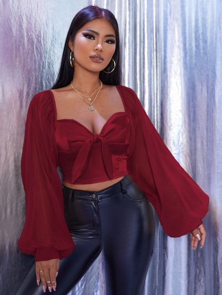 

mesh puff sleeve tie front w42s#, White