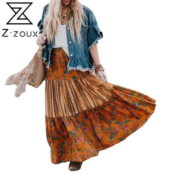 

women skirt vintage all match high waist plus size long printing beach s for fashion 210524, Black