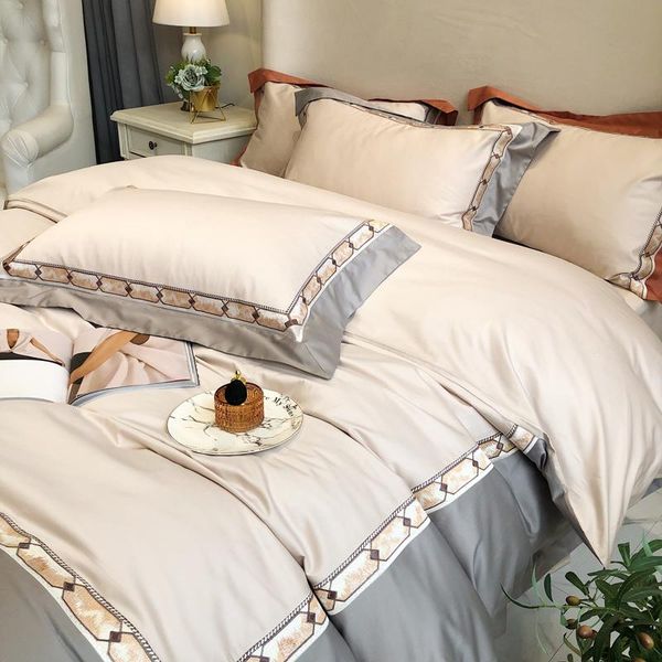 

bedding sets high-end pure color embroidery 120s cotton four-piece set light luxury style el bed linen