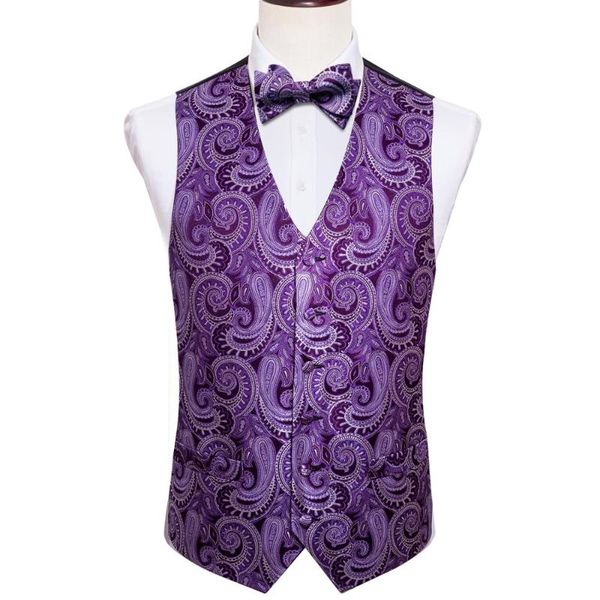 

men's vests silk purple paisley men waistcoat vest woven handkerchief floral self bowtie set party wedding gift barry.wang designer ml-, Black;white