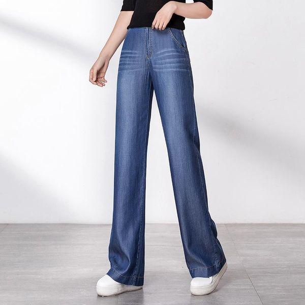 

women's jeans korean casual pants tencel thin straight tube high waist wide leg and floor, Blue