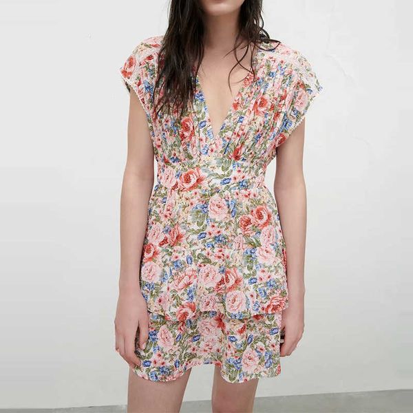 

za dress fashion retro layered printing v-neck women summer casual chic street youth slim 210601, Black;gray