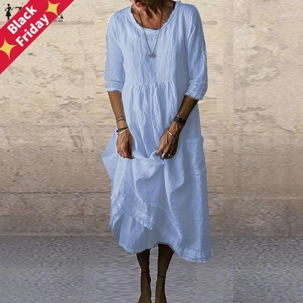 

casual dresses summer cotton linen dress women 3/4 sleeve solid autumn sundress elegant o neck loose work vestido robe femme 5xl, Black;gray
