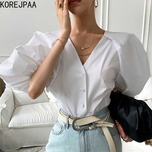 

korejpaa women shirt summer korean chic temperament deep v-neck halter single-breasted pleated waist lantern sleeve blouses 210526, White