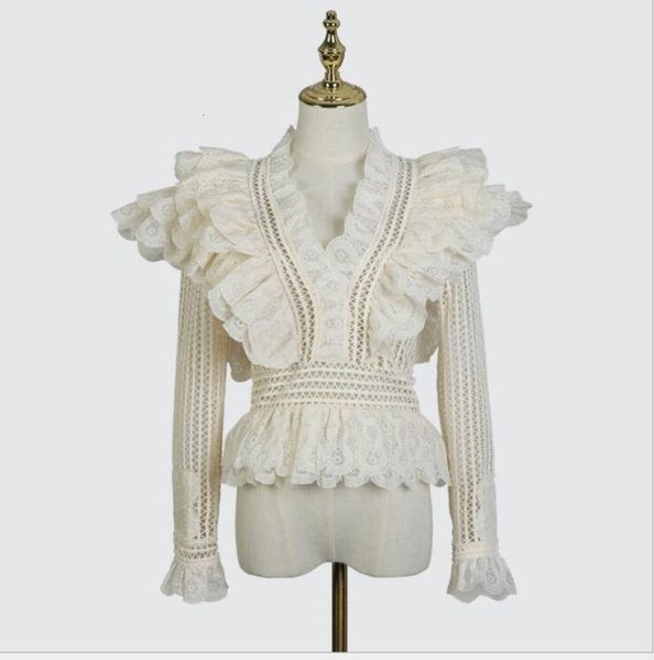

brand australian celebrity tide new lace temperament lotus leaf long-sleeved top, White