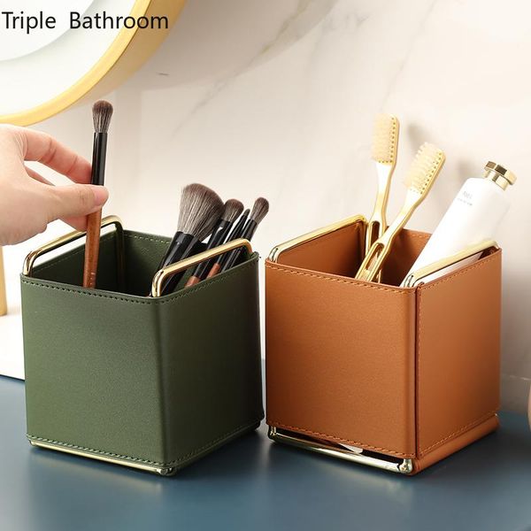 

storage boxes & bins nordic leather makeup brush holder multifunction organizer cosmetic lipstick box accessories container