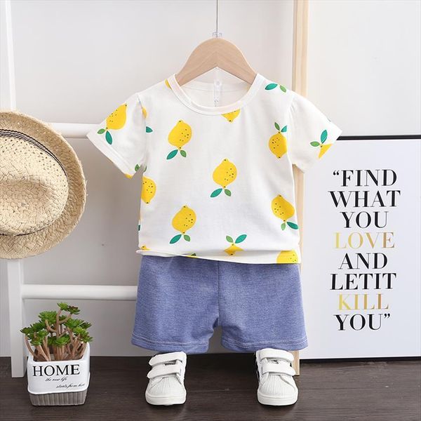 

printed lemon boys girls summer clothes fashion cotton baby infant sports suit for a boy t shirt shorts children clothing, White