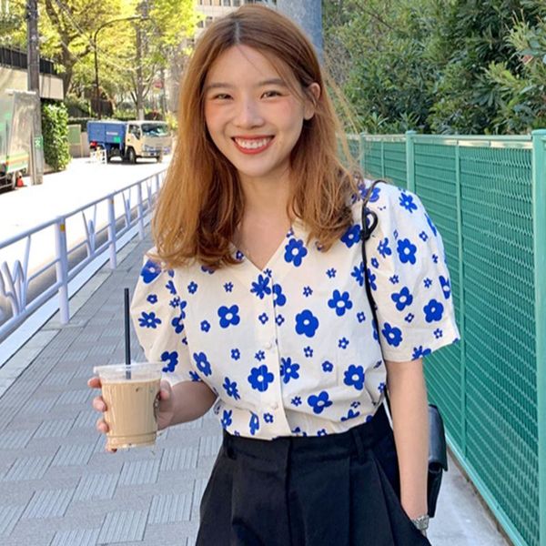 

women's blouses & shirts korea chic summer small fresh v-neck full-screen flowers single-breasted loose wild puff sleeve shirt women, White
