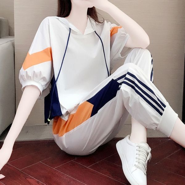 

women's summer short sleeve sports new trend fashion foreign style drawstring sweater loose and thin two piece women's suit, Black