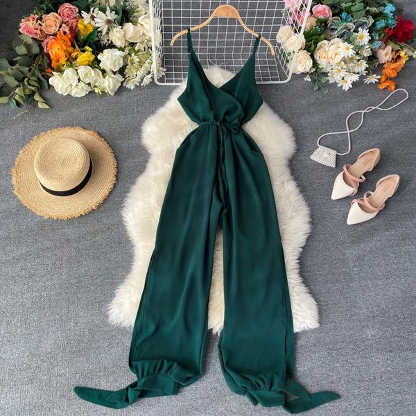 

women's jumpsuits & rompers seaside holiday one-piece women retro solid v-neck lace up high waist split overalls l115, Black;white