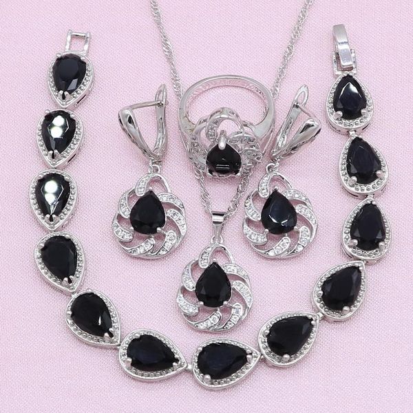 

earrings & necklace silver color jewelry sets women water drop black white stone bracelet earring pendant ring gift box