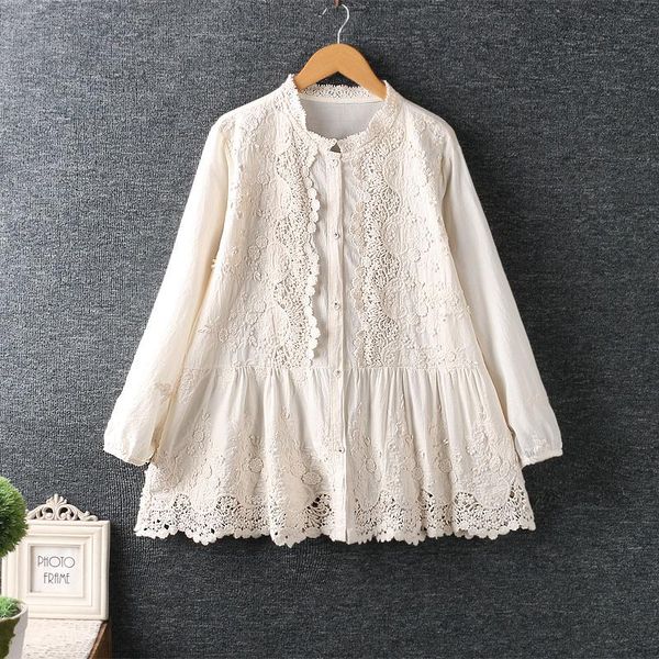 

women's blouses & shirts autumn wear japanese sweet round neck hook flower splicing white female long sleeve shirt nwm132