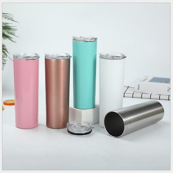 DIY 20 oz Süblimasyon Düz Tumbler Paslanmaz Çelik Boş Beyaz Fincan Kapaklı Saman Silindir Su Şişesi Kahve Kupa 50 adet / Karton