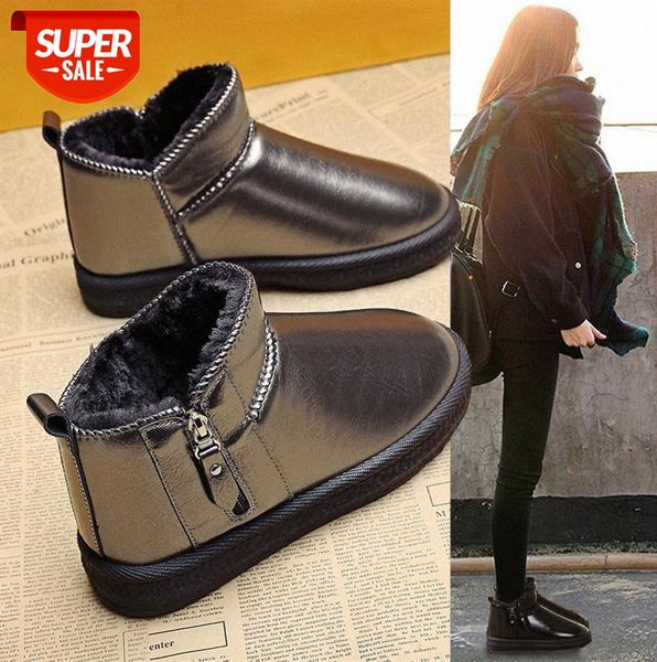 

patent leather waterproof fur snow boots girls students thick cotton shoes plus velvet short non-slip #mf5s